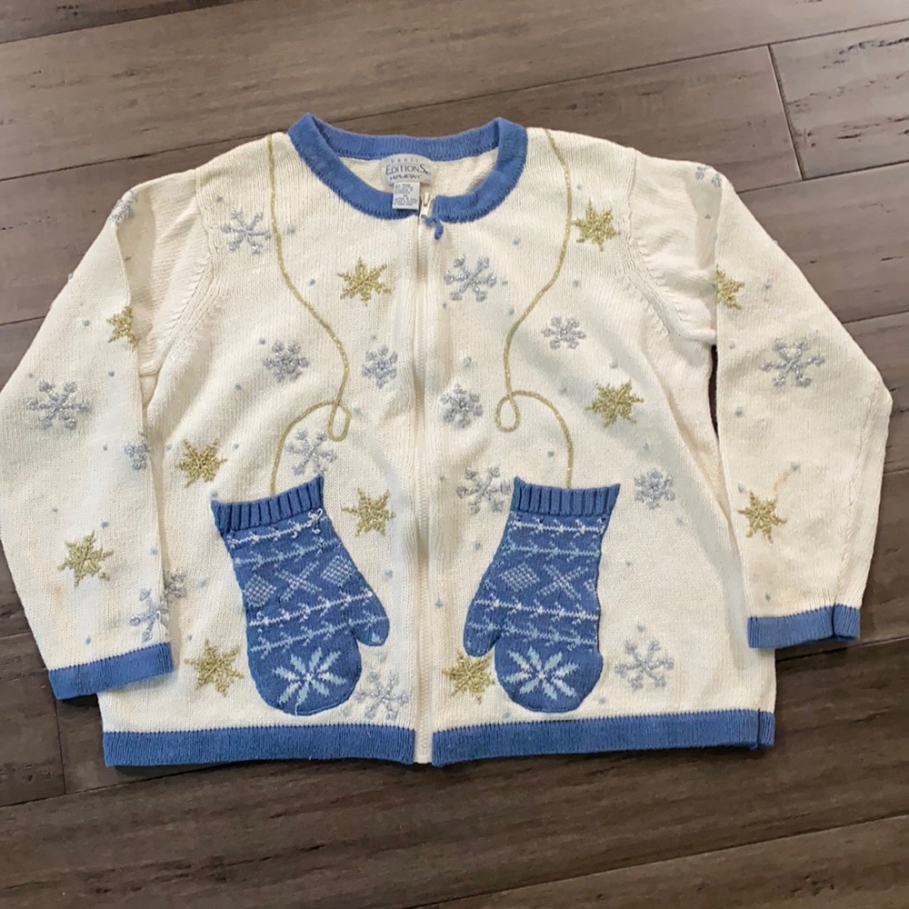 Basic Editions Cream and Blue Holiday Zip Cardigan with Mittens
